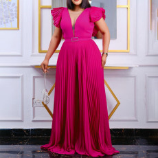 SC Plus Size Solid Color Press Pleated Loose Jumpsuit GCZF-8491