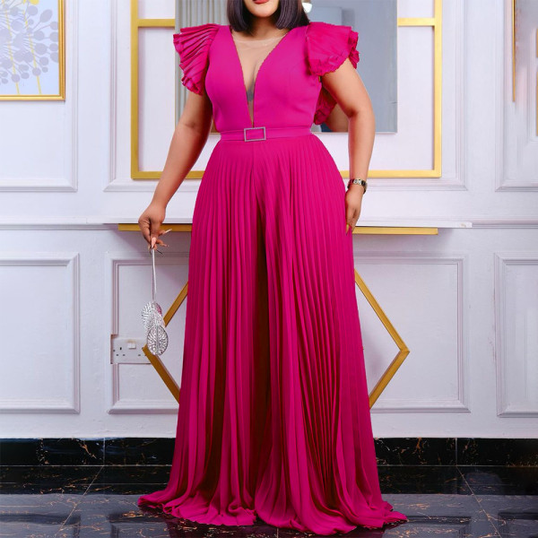 SC Plus Size Solid Color Press Pleated Loose Jumpsuit GCZF-8491