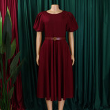 SC Plus Size Short Sleeve Bubble Sleeve Midi Dress GCZF-8601