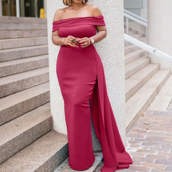 SC Plus Size One Shoulder Solid Color Evening Dress GCZF-8433