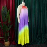 SC Plus Size Hang Neck Loose Gradient Color Pleated Maxi Dress GCZF-8583