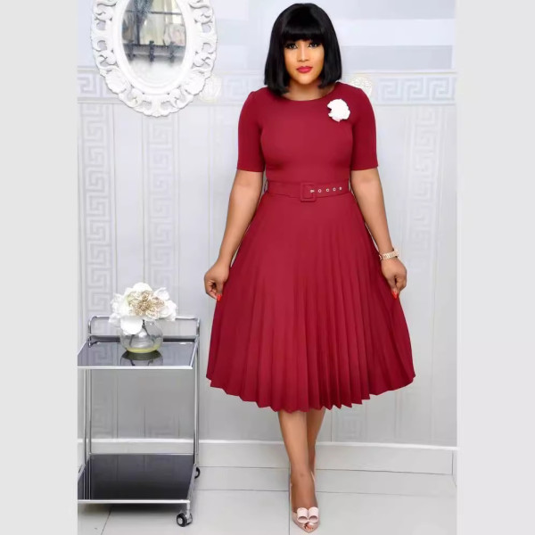 SC Plus Size Solid Color Pleated Midi Dress GCZF-D049