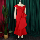 SC Plus Size Slash Neck Solid Color Evening Dress GCZF-8577