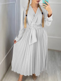 SC Plus Size V Neck Solid Color Belt Maxi Dress GCZF-8557