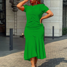SC Plus Size Solid Color V Neck Short Sleeve Midi Dress GCZF-8507
