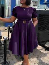 SC Plus Size Short Sleeve Bubble Sleeve Midi Dress GCZF-8601