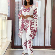 SC Plus Size V Neck Loose Print Two Piece Pants Set GCZF-8584