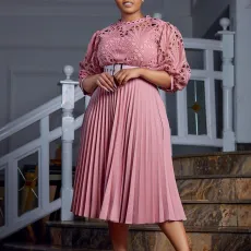 SC Plus Size Lace Hollow Out Press Pleated Midi Dress GCZF-D254-C2