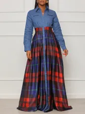SC Plus Size Denim Patchwork Plaid Maxi Dress GCZF-D452-C1