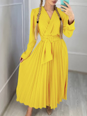 SC Plus Size V Neck Solid Color Belt Maxi Dress GCZF-8557