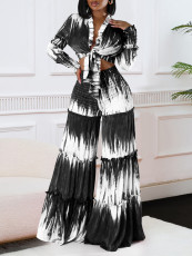 SC Plus Size Print Long Sleeve Tie Two Piece Pants Set GCZF-8598