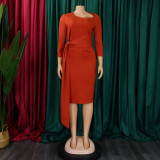 SC Plus Size Pleated 3/4 Sleeve Solid Midi Dress GCZF-8516