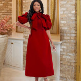 SC Plus Size Solid Color Bow Tie Midi Dress GCZF-D235-C1