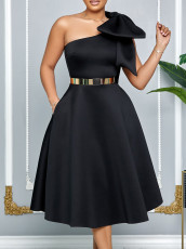 SC Plus Size Solid Color Slash Shoulder Midi Dress(Without Belt) GCZF-8607