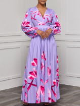 SC Plus Size V Neck Long Sleeve Pleated Long Dress GCZF-8582