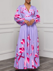 SC Plus Size V Neck Long Sleeve Pleated Long Dress GCZF-8582