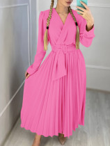 SC Plus Size V Neck Solid Color Belt Maxi Dress GCZF-8557
