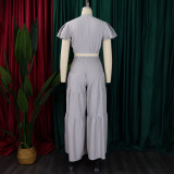 SC Plus Size Short Sleeve Tie Two Piece Pants Set GCZF-8586