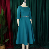 SC Plus Size Solid Color Half Sleeve Midi Dress(With Belt) GCZF-8600