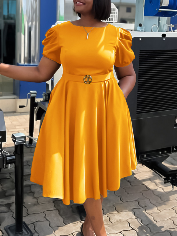 SC Plus Size Short Sleeve Bubble Sleeve Midi Dress GCZF-8601