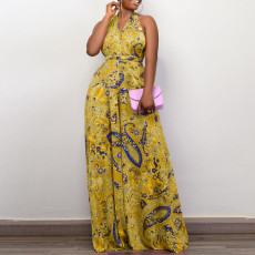 SC Plus Size Print Halter Backless Jumpsuit GCZF-8487
