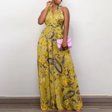 SC Plus Size Print Halter Backless Jumpsuit GCZF-8487