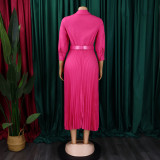 SC Plus Size Solid Color V Neck Pleated Belt Maxi Dress GCZF-8590