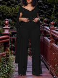 SC Plus Size V-neck Top Wide Leg Pants 2 Piece Set GCZF-8561