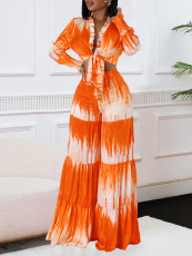 SC Plus Size Print Long Sleeve Tie Two Piece Pants Set GCZF-8598