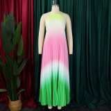SC Plus Size Hang Neck Loose Gradient Color Pleated Maxi Dress GCZF-8583