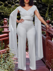 SC Plus Size V-neck Top Wide Leg Pants 2 Piece Set GCZF-8561