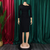 SC Plus Size Pleated 3/4 Sleeve Solid Midi Dress GCZF-8516