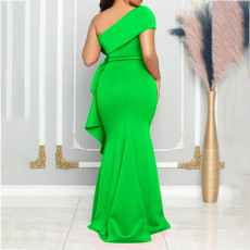 SC Plus Size Slash Neck Solid Color Evening Dress GCZF-8577