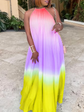 SC Plus Size Hang Neck Loose Gradient Color Pleated Maxi Dress GCZF-8583