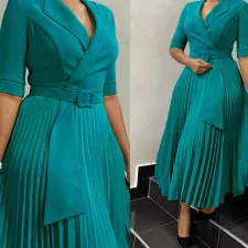 SC Plus Size Suit Collar 3/4 Sleeve Pleated Dress GCZF-8599