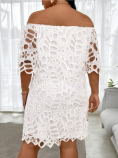 SC Solid Hollow Out Lace Off Shoulder Midi Dress GWDS-241010