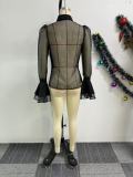 SC Plus Size Mesh Patchwork Shirt Two Piece Skirts Set NY-10918