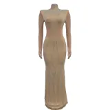 SC Long Sleeve Mesh Hot Drill Maxi Dress BY-6863