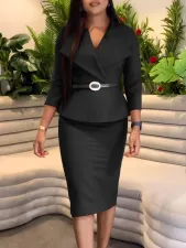 SC Solid Color Lapel Pencil Skirt 2 Piece Set GATE-542