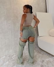 SC Washed Hollow Out Staight Jeans LX-5538