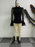 SC Plus Size Mesh Patchwork Shirt Two Piece Skirts Set NY-10918