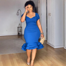 SC Plus Size Lantern Sleeve Wave Hem Midi Dress NY-10923