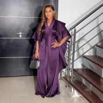 SC Plus Size Pleated V Neck Split Maxi Dress NY-10917