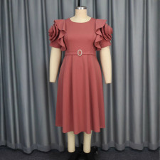 SC Plus Size Ruffles Sleeve Solid Color Midi Dress GKEN-040736