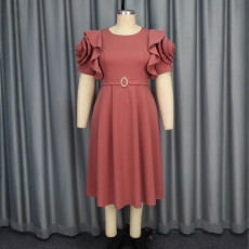 SC Plus Size Ruffles Sleeve Solid Color Midi Dress GKEN-040736