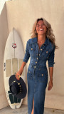 SC Long Sleeve Single-breasted Denim Midi Dress GYAN-29283
