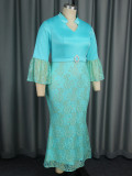 SC Plus Size Print Flare Sleeve Lace Patchwork Fishtail Dress GKEN-040701