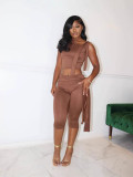 SC Pre Order: About 7 work days shipping Solid Color Slash Shoulder Tie Two Piece Pants Set YUEM-320390