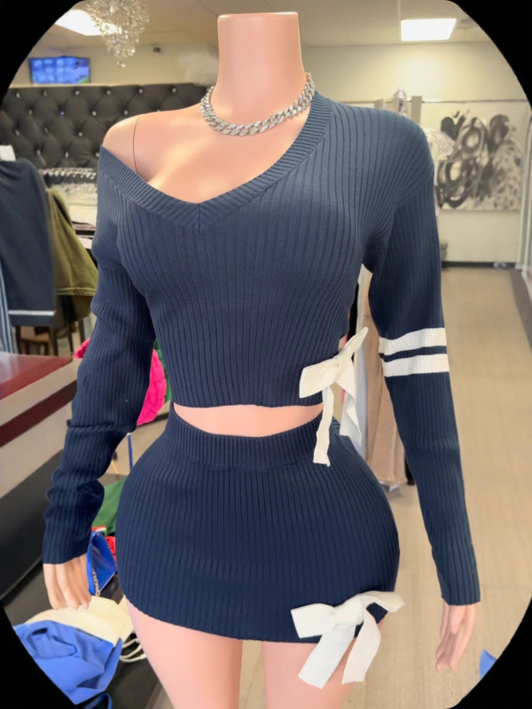 SC Pre Order: About 7 work days shipping Fashion Long Sleeve Bow Wool Skirt Suit YUEM-230292