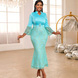 SC Plus Size Print Flare Sleeve Lace Patchwork Fishtail Dress GKEN-040701